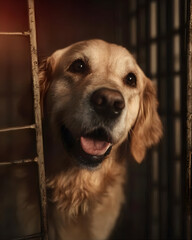 A joyful golden retriever peeking through a kennel, showcasing its friendly demeanor and expressive eyes, perfect for animal adoption campaigns.