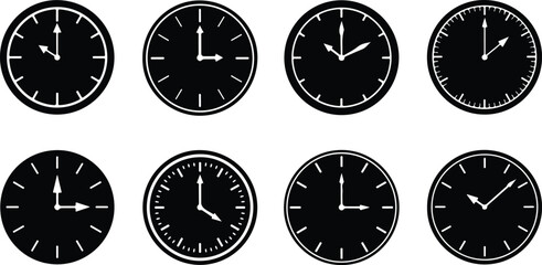 Eight Black Clock Faces With White Hands And Markings Showing Different Times watch analog
