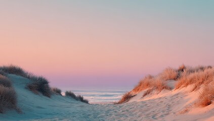Serene coastal dunes at sunset, pastel sky hues reflected on pale sand, leading to a tranquil ocean