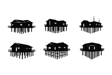 Six black silhouette stilt houses with various rooflines and support structures on white background building