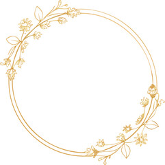 Minimal elegant gold circular frame vector with thin floral ornaments, transparent background, perfect for wedding invitations, luxury branding, and certificates