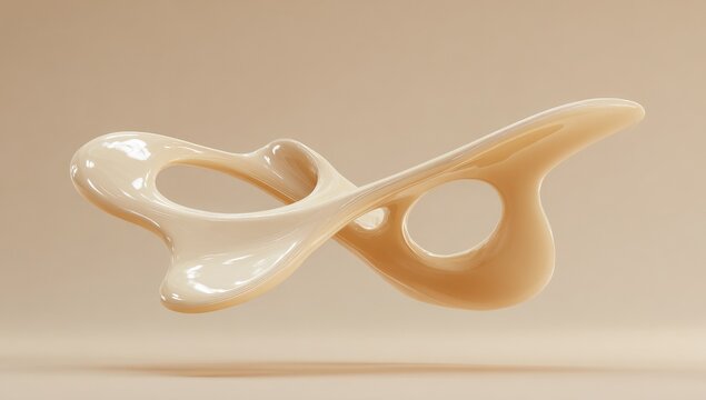 Abstract, light beige, organic, flowing form.  Smooth, 3D, floating sculpture.  Beige background