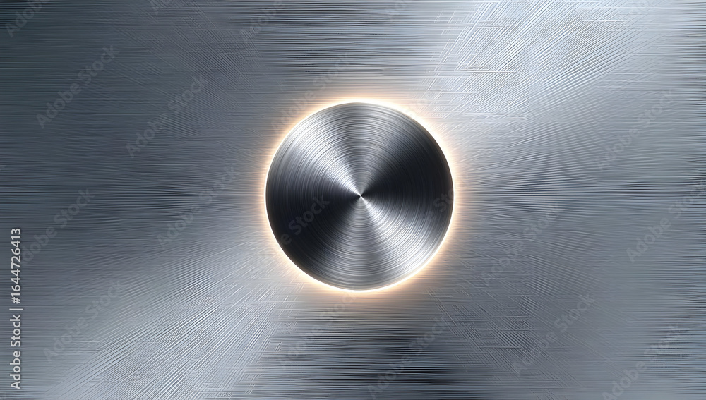 Poster a close-up view of a metallic button with a sleek and modern design, showcasing light reflections an