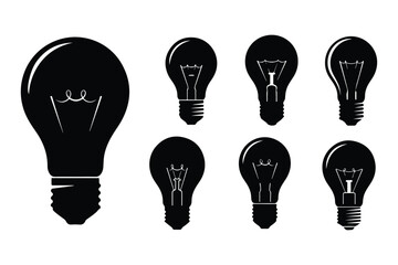 Seven black silhouette incandescent light bulbs on white background vector