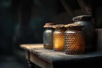 Rustic Honey Jars on Old Wooden Table