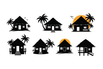 Collection of tropical beach hut silhouettes with palm trees and sun vector