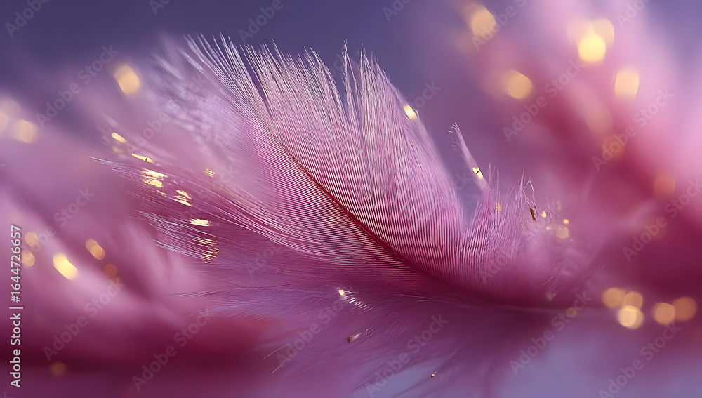 Poster close-up of soft pink feathers exhibiting delicate textures and glimmering lights, creating a vibran