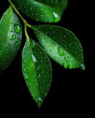 Fototapeta premium Dew-kissed, vibrant green leaves with water droplets, sharply contrasted against a deep black background