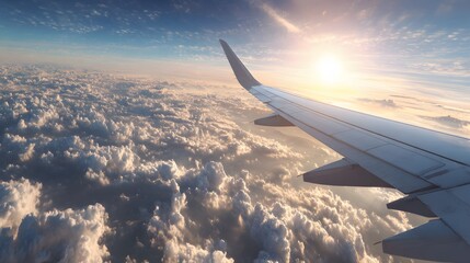Obraz premium Airplane wing over a vast expanse of clouds at sunrise.