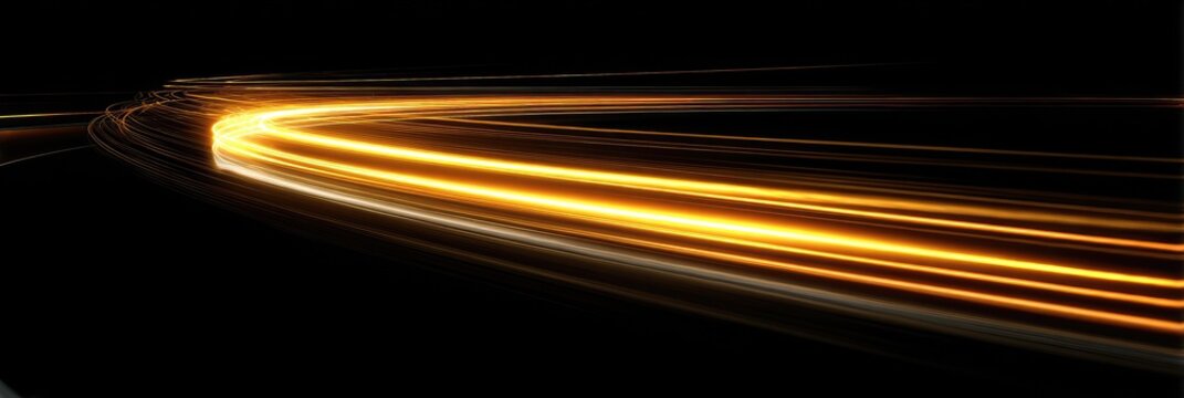 Abstract dynamic motion blur of golden light trails on a dark background.  Golden light streaks create concentric circular paths, suggesting speed and energy.  