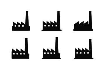 Six black factory building icons arranged in two rows of three industrial silhouette