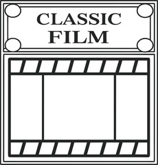 Black and white graphic of vintage film reel and title card with text cinema movie