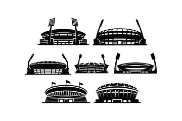 Collection of Black Silhouettes of Sports Stadiums with Floodlights and Flags arena sports arena
