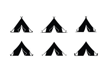 Six black silhouette camping tents arranged in two rows on a white background shelter outdoor