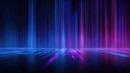 Abstract neon light pillars on a reflective surface