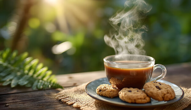 A steaming cup of coffee accompanied by freshly baked cookies, set in a tranquil, natural environment, creating a cozy and inviting atmosphere.