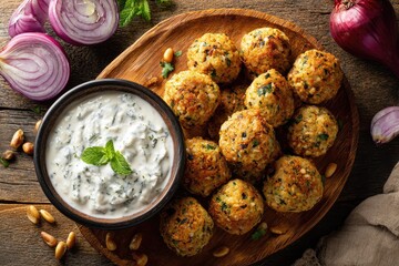 Crispy rice balls served with creamy mint dip