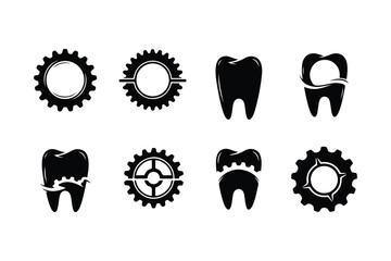 Black silhouette dental gear and tooth icons on white background cogwheel mechanical