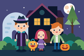 Obraz premium Halloween TrickorTreaters in Costume with Pumpkins in Front of House on a Moonlit Night