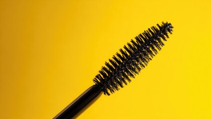 Close-up of a black mascara wand against a vibrant yellow background, showcasing its densely packed bristles and slightly angled design