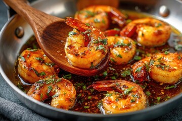 Seared shrimp in a flavorful sauce, served in a pan. A wooden spoon holds several pieces