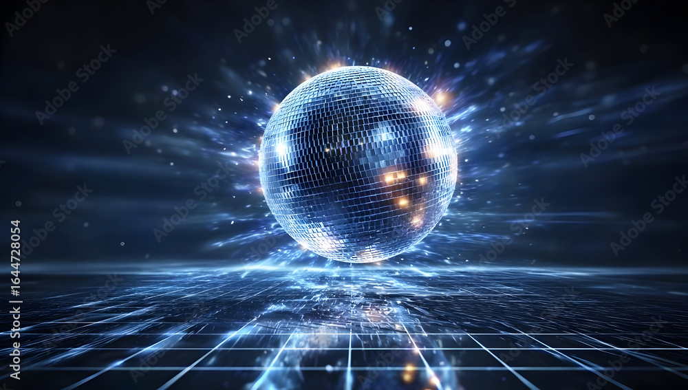 Poster a mesmerizing digital sphere glows with vibrant lights, creating a kaleidoscope of colors in a futur