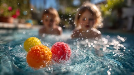 Two children play in a pool, splashing colorful balls as sunlight reflects off the water, creating a joyful and lively atmosphere.