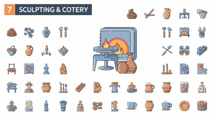 Colorful icon set illustrating pottery, sculpting, and related tools, kilns, and finished products.