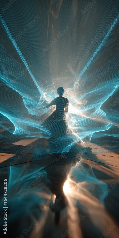 Poster abstract light energy background with a silhouette of a woman figure in a space environment creating
