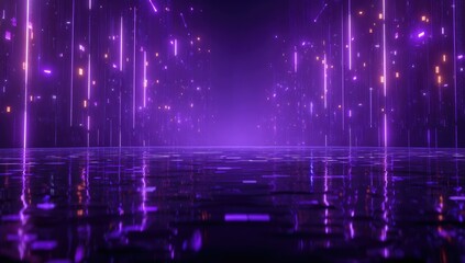 Purple, glowing vertical lines, reflecting floor, digital