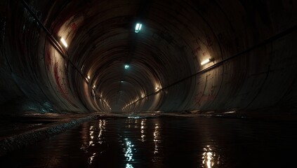 Dark, circular tunnel with water on the ground, illuminated by sparse fluorescent lights, showing signs of age and graffiti on the walls