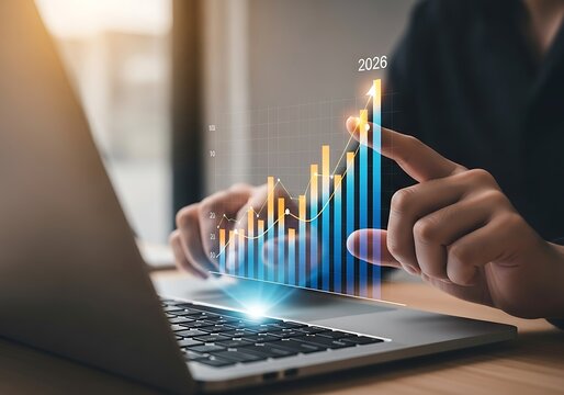 Businessman using laptop analyzing financial data with virtual holographic interface, touching glowing bar chart showing positive growth and success in future business investment. - Powered by Adobe