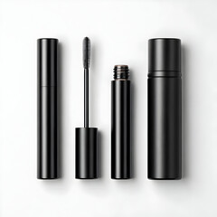 Obraz premium A sleek set of black mascara components arranged elegantly on a white background, showcasing modern beauty tools for makeup enthusiasts.