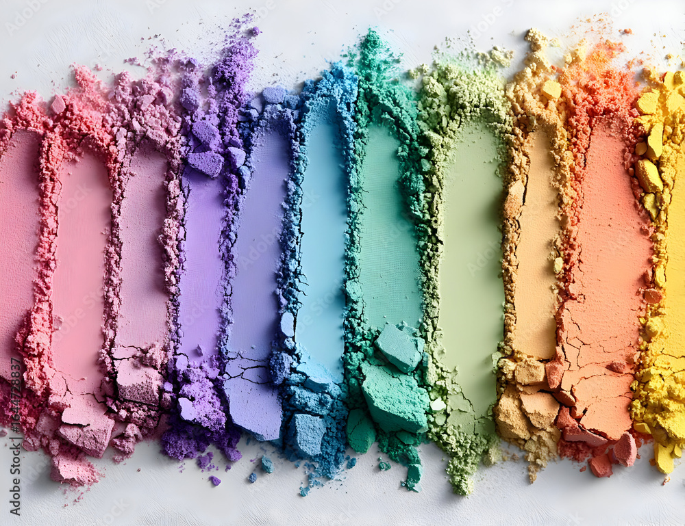 Poster a vibrant array of colored powders arranged in a gradient, showcasing shades from pastels to bright 