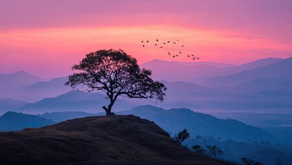 Solitary tree atop a hill silhouetted against a vibrant sunset over layered, hazy mountains; a flock of birds in flight