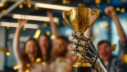 A robotic hand triumphantly holds a golden trophy while a jubilant team celebrates in the background, symbolizing innovation and achievement.