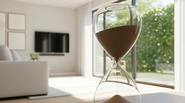 Closeup of an hourglass with brown sand flowing, symbolizing the passage of time and the concept of limited duration in a modern living room setting