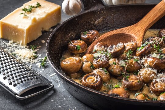 Creamy mushroom dish in a cast iron skillet, alongside parmesan cheese and thyme