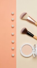 Elegant makeup brushes and a compact powder are artfully arranged with pearls on a pastel background