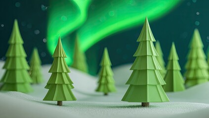 Stylized evergreen trees on a snow-covered landscape under a vibrant aurora borealis at night