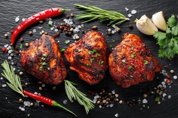 Three grilled chicken thighs, seasoned and charred, sit on a dark stone surface. Garnished with fresh herbs, chili peppers, garlic, and spices