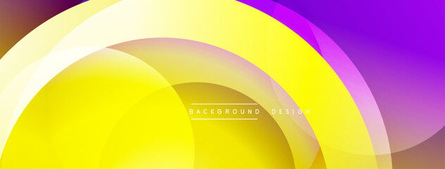 Abstract vibrant design. Overlapping circles create dynamic gradient effect. Yellows, purples dominate composition. Modern aesthetic.