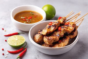 Grilled chicken satay in a white bowl, with a dipping sauce and lime wedges