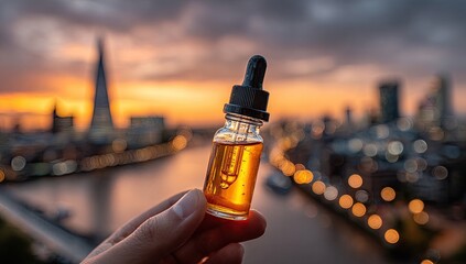 Amber liquid in a glass dropper bottle held against a blurred London cityscape sunset backdrop