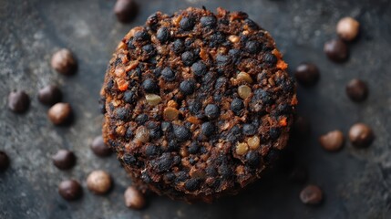 Close-up view of a hearty lentil patty.