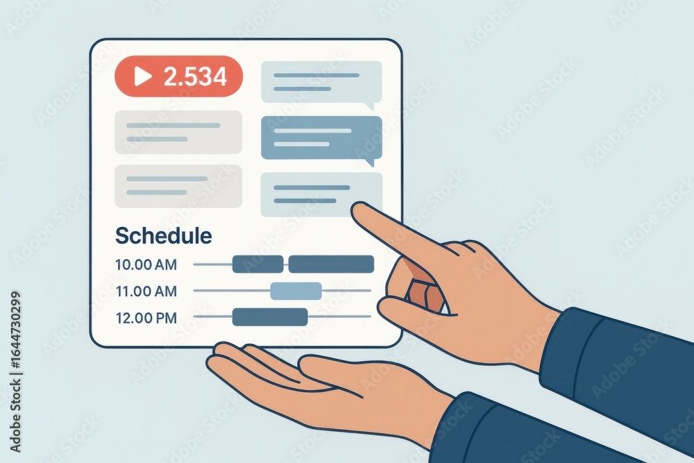 Poster illustration of virtual event schedule with viewer count and chat messages