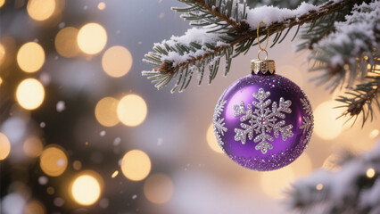A Christmas scene featuring a stunning purple ornament adorned with sparkling glitter and delicate snowflakes. Christmas, Christmas Tree, Merry Christmas, Christmas Background, Christmas Lights