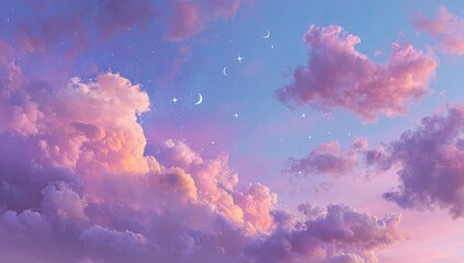 Pastel pink and purple clouds fill a twilight sky, adorned with scattered stars and crescent moons, creating a dreamy, ethereal atmosphere