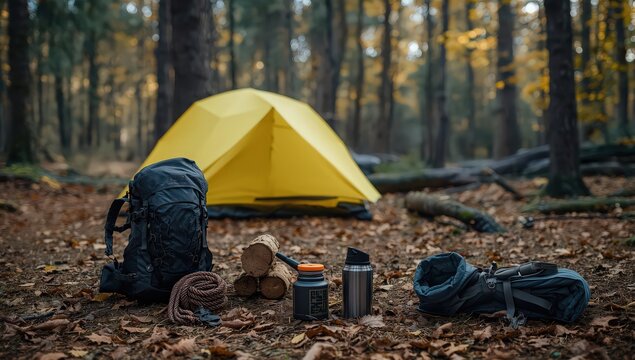 Camping gear and yellow tent set up in a forest with fallen leaves on the ground in autumn season