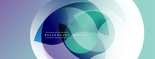 Abstract design features overlapping circles, gradients. Blue, teal, white hues create modern aesthetic. Minimalist composition, smooth transitions.
